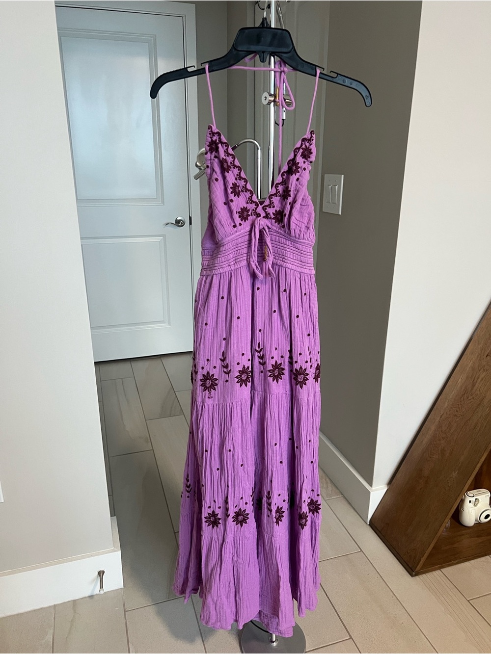 Free People Purple Maxi Dress with Dark Floral Embroidery